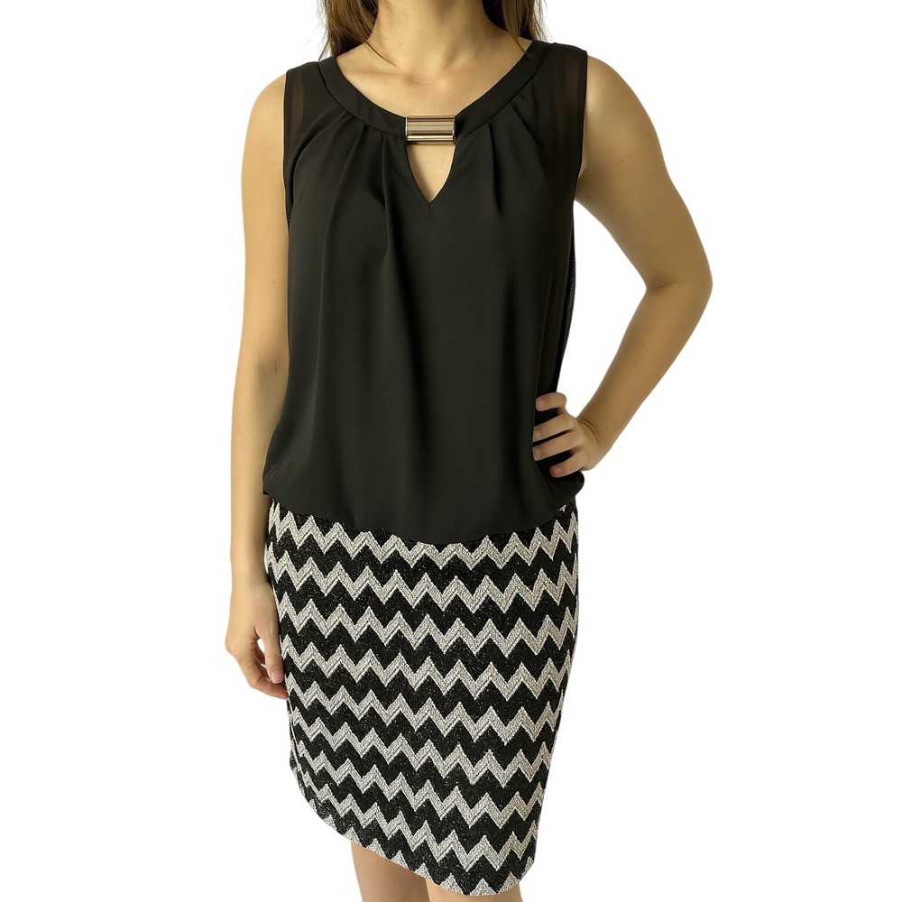 Perceptions New York Dress 10 Black Sheer Keyhole Chevron Stretch‎ Metallic Chic